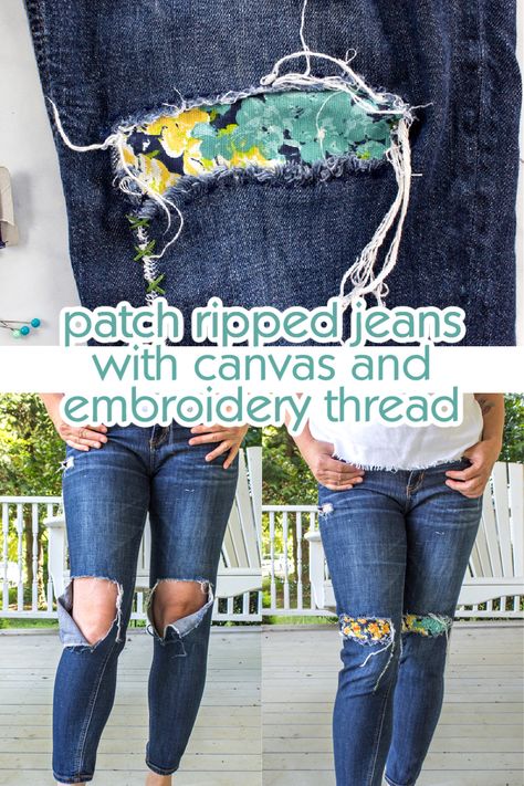 Jeans Knee Repair, Sewing A Patch On Jeans, Adding Patches To Clothes, Jeans Knee Patch, Patching Jeans With Fabric, Upcycle Ripped Jeans, Patching Knees In Jeans, Jean Hole Patch Ideas, Patch Ripped Jeans Diy