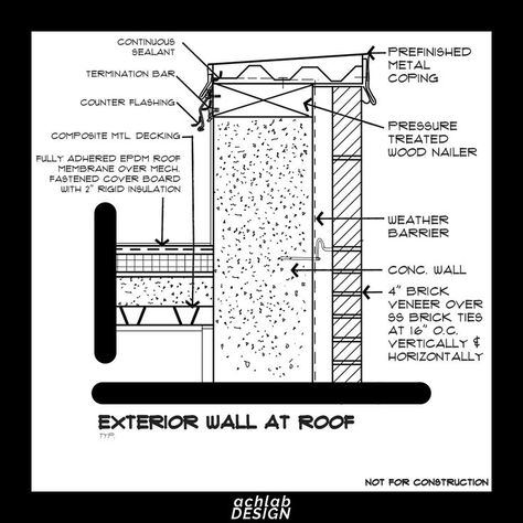 EXTERIOR WALL AT ROOF construction details. This is not for construction, masonry to concrete with prefinished metal coping cap and continuous sealant. Use a weather barrier when anchoring SS Dovetail to concrete. Click for more information #blog #blogpost Roof Construction, Construction Details, Concrete Wall, Roof, Floor Plans, Blog Posts, Exterior, Wall