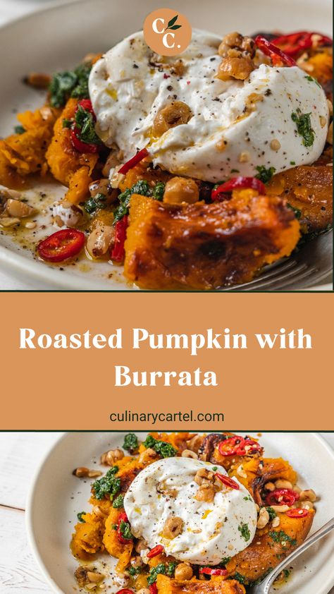 Healthy Autumn Recipes Clean Eating, Fall Burrata Recipe, Autumn Starter Recipes, Healthy Italian Vegetarian Recipes, Autumn Burrata Salad, Baked Pumpkin Recipes Dinner, Italian Fall Recipes, Autumn Foods Recipes, Festive Vegetarian Recipes