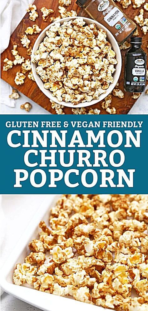 Cinnamon Churro Popcorn - This easy cinnamon popcorn almost tastes like biting into a warm churro or cinnamon roll. It's a simple, delicious treat you can whip up in no time! (Gluten free & vegan friendly) Cinnamon Churro Popcorn (Gluten Free & Vegan Friendly) - Cinnamon Churro Popcorn (AD) - This easy cinnamon popcorn almost tastes like biting into a warm churro or cinnamon roll. It's an easy, delicious treat you can whip up in no time! (Gluten free & vegan friendly) // vegan popcorn recipe // Flavoured Popcorn Recipes, Vegan Popcorn Recipes, Churro Popcorn, Popcorn Ad, Cinnamon Sugar Popcorn, Flavoured Popcorn, Flavored Popcorn Recipes, Popcorn Recipes Sweet, Cinnamon Popcorn