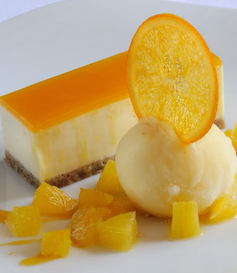 Matthew Tomkinson's recipe for passion fruit and white chocolate cheesecake will impress any guest. The orange sorbet adds a wonderful freshness to this decadent dessert, and is guaranteed to please. Granitas, Masterchef Recipes, Passionfruit Recipes, Dessert Design, Veggie Recipe, Orange Sorbet, Chocolate Cheesecake Recipes, Great British Chefs, White Chocolate Cheesecake