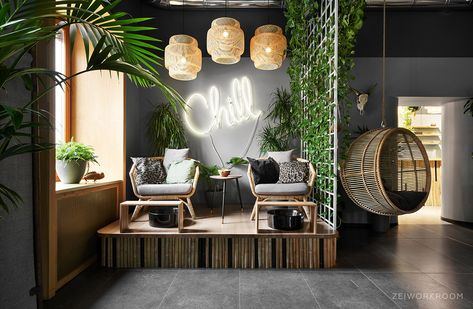 Jungle Moscow on Behance Tropical Esthetician Room, Opening My Own Salon, Earthy Salon Decor, Boho Spa Room, Boho Salon Ideas, Salon Suite Ideas, Spa Decor Ideas, Salon Suite Decor, Nail Salon Interior Design