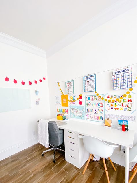 White double desk in white room for homeschool. Bright and colorful playroom Ikea Desk Kids, Ikea Long Desk, Double Desk Kids, Children's Desk, Kids Double Desk, Ikea Double Desk, Finished Basement Playroom, Ikea Kids Desk, White Kids Desk