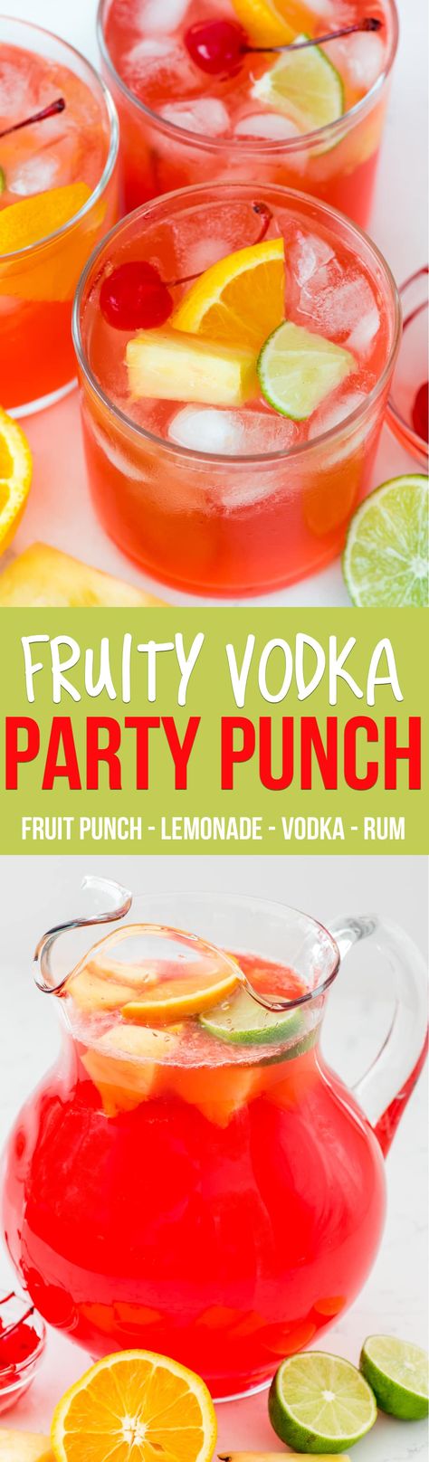 Fruity Vodka Party Punch is the perfect cocktail recipe for a party! This drink is full of lemonade and fruit punch, rum, and vodka and is the perfect easy punch recipe. via @crazyforcrust Vodka Party Punch, Vodka Fruit Punch, Rum And Lemonade, Drinks Alcohol Recipes Easy, Vodka Punch, Alcoholic Punch Recipes, Easy Punch Recipes, Easy Punch, Party Punch Recipes