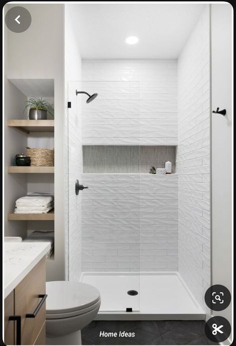 3 Quarter Bathroom Ideas, Shower With High Ceiling, Bathroom Shower With Shelves, Shelves Behind Shower Wall, Black Floor White Shower Bathroom, White Shower With Black Fixtures, White Subway Tile Bathroom Shower Design, Full Bathroom Small Space, 48” Shower