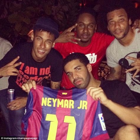 Barcelona supporter: Drake holds up a No 11 Neymar shirt during evening out in Miami ... Neymar Jr, Soccer Jersey, Neymar, Drake, Soccer, Music, Football