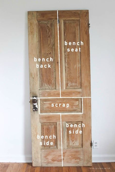 See how an old wood door transforms into a gorgeous, rustic bench! Get the full tutorial on LoveGrowsWild.com Old Door Projects, Door Bench, Door Projects, Old Wood Doors, Doors Repurposed, Rustic Bench, Astuces Diy, Diy Garden Furniture, Old Door