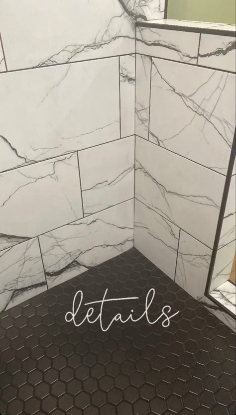 Marble Tile Shower Walls Black Floor, White Marble Shower Tile Black Floor, Black Tile Floor Shower Ideas, Marble Shower Black Floor, Marble Shower Dark Floor, Black Hexagon Tile Bathroom Showers, Black Marble Tile Shower Ideas, Black Tile Black Grout Bathroom, Marble Tile Dark Grout