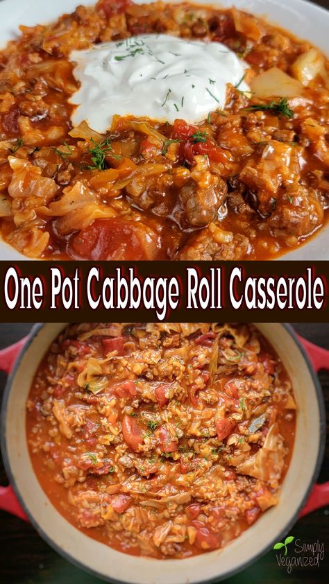 My mom would spend an entire day making cabbage rolls. Although I loved them, I'm simply too lazy to put that kind of effort into a dish. The beauty of this version, aside from being vegan, is it cooks in one pot. **Note- plant-based ground needs to be added towards the end of simmering time for best results. One Pot Cabbage, Cabbage Rolls Casserole, Italian Cabbage, Rice And Cabbage, Lazy Cabbage Rolls, Casserole Beef, Oven Baked Salmon Recipes, Cabbage Roll Casserole, Baked Cabbage