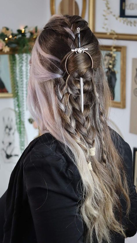 Camille Maurin | New Viking-inspired hairstyle ! ⚔️ Have you ever tried wearing a sword in your hair ? 😉 #maureen #sword #hairstyles #vikinghairstyle… | Instagram Viking Hair Wedding Updo, Bride Viking Hairstyles, Fantasy Hairstyles Long Hair, Viking Wedding Hair With Veil, Hair Styles Fantasy Hairstyles, Viking Braids With Bangs, Welsh Hairstyles, Viking Bride Hair, Long Hairstyles Viking