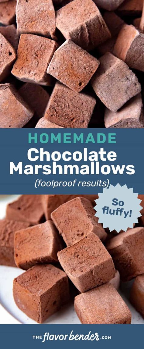 These are the BEST Homemade chocolate marshmallows! So soft, fluffy, and very chocolatey. They are perfect for gift giving. And in your hot chocolate too! Detailed recipe for perfect results. #TheFlavorBender #ChocolateMarshmallows #MarshmallowRecipe Homemade Marshmallow Flavors, Dark Chocolate Marshmallow, Homemade Chocolate Marshmallows, Chocolate Marshmallows Recipe, Fluffy Marshmallow Recipe, Marshmallow Flavors Homemade, Homemade Christmas Marshmallows, Homemade Flavored Marshmallows, Homemade Marshmallows Christmas