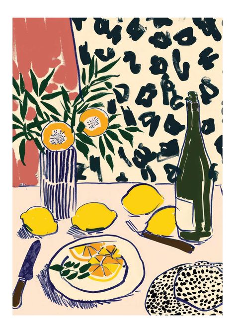 a painting of lemons and a bottle of wine on a table Dining Room Prints Artworks, Art Behind Dining Table, Paint Gallery Wall, Printable Wall Art Bedroom Free Prints, Funky Art Prints, Eclectic Art Prints Blue, Food Art Prints Wall Decor, Food Prints For Kitchen, Apartment Posters