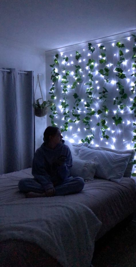 fairy lightsbedroomplantsvibesvinesdecorgirlbedplants Room Ideas Vines And Fairy Lights, Room Decor With Plants And Lights, Aesthetic Light Bedroom, Lights With Vines Bedroom, Light Up Vines In Bedroom, Plant Vines Bedroom, Vine Lights Decor, Aesthetic Room Decor With Fairy Lights, Vibes And Fairy Lights Bedroom