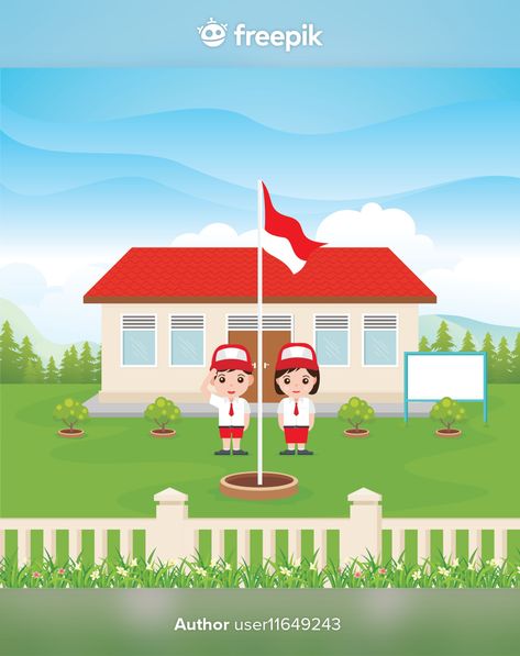 Flag Ceremony, School Yard, Two Kids, Elementary School, The School, Elementary Schools, Premium Vector, Independence Day, Graphic Resources