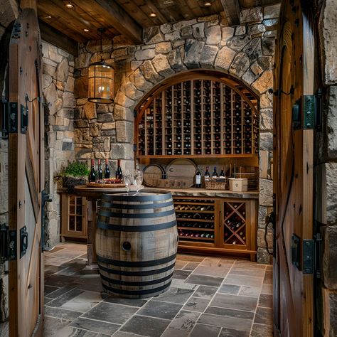 Discover this enchanting rustic wine cellar featuring stone walls and wooden barrel accents. The space includes a stylish wine barrel bar table and a wooden bottle rack, with vintage pendant lights illuminating the bar area. An arched door opens to reveal a cozy kitchen, making this the perfect blend of old-world charm and functional design. Wine Cellar Basement Rustic, Wine Barrel Bar Table, Barrel Bar Table, Rustic Wine Cellar, Unique Wine Cellar, Wine Cellar Closet, Wine Grotto, Vintage Pendant Lights, Rose Interior