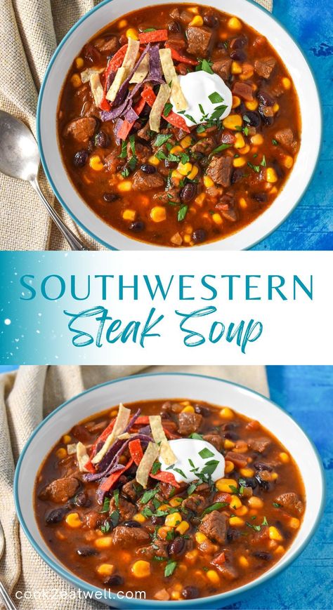 This southwestern steak soup is hearty and simple to make. Soup Recipes With Stew Meat, Skirt Steak Soup Recipes, Ribeye Steak Soup Recipes, Steak Enchilada Soup, Leftover Steak Recipes Soups, Mexican Steak Soup Recipes, Ponderosa Steakhouse Vegetable Soup, Flank Steak Soup Recipe, Round Steak Soup Recipes