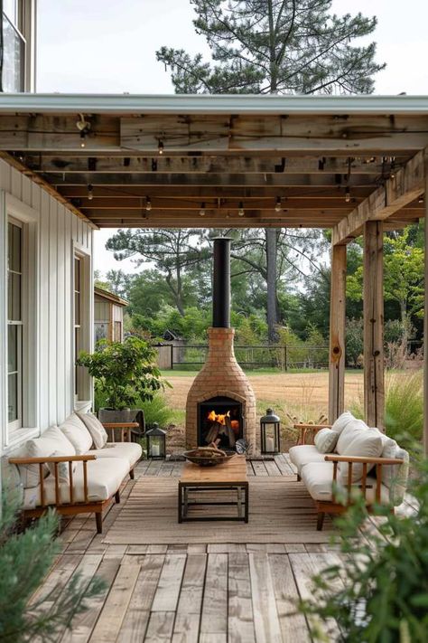 55 Farmhouse Patio Ideas for Charming and Rustic Style Pergola Fireplace Ideas, Farmhouse Patio Ideas, Farmhouse Outdoor Patio, Covered Outdoor Patio Ideas, Fireplace Plans, Rustic Outdoor Fireplaces, Rustic Decor Ideas, Country Patio, Country Home Exterior