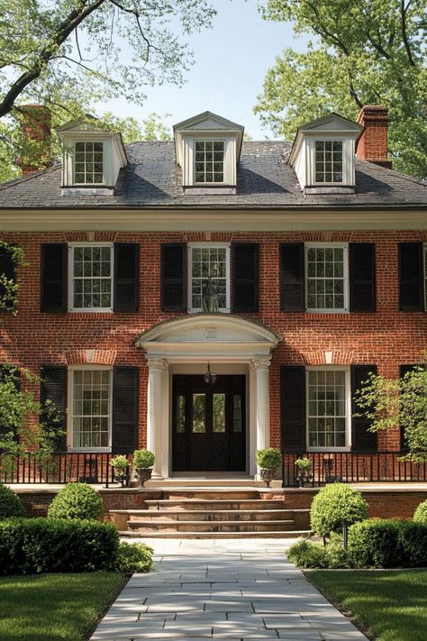 Red brick georgian house revival. Check out all of these charming houses with brick exteriors–from classic to modern–that will make you feel at home. Colonial Red Brick House Exterior, House Exterior Red Brick, Shutters Red Brick House, Traditional Red Brick House, Red Brick With White Mortar, Modern Georgian House Exterior, Red Brick House With Columns, Brick House White Trim, Red Brick House With Dark Trim