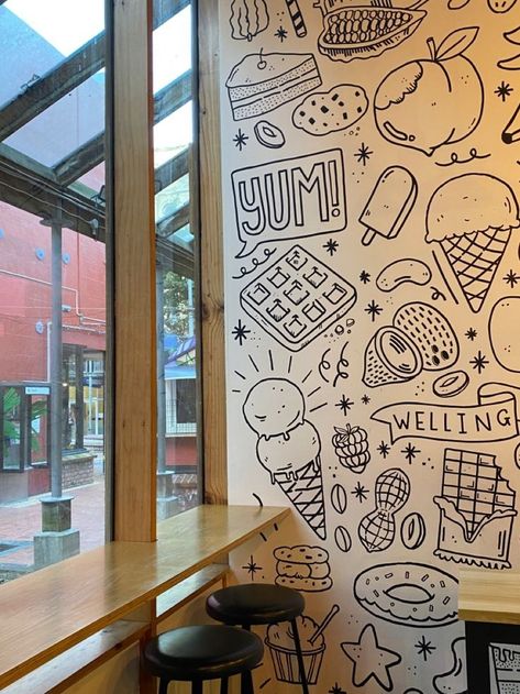 Food Bar Aesthetic, Ice Cream Board Design, Ice Cream Shop Signs, Black And White Ice Cream Shop, Ice Cream Mural Wall, Retro Ice Cream Shop Aesthetic, I’ve Cream Shop Aesthetic, Ice Cream Shop Wall Design, Ice Cream Shop Mural