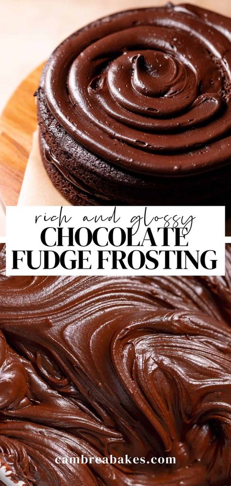 Ultra-rich and silky smooth, this dark chocolate fudge frosting is simple to make with 5 ingredients, no powdered sugar, and no corn syrup. It's the best fudge frosting for topping cupcakes, cakes, fudge brownies, and more! Chocolate Fudge Ganache, Chocolate Fudge Buttercream Frosting, Fudge Chocolate Frosting, 3 Ingredient Chocolate Frosting, Fudge Icing For Cake, Fudge Filling For Cake, Chocolate Cake Filling Recipes, Chocolate Frosting Recipe Buttercream, Fudge Frosting For Cake