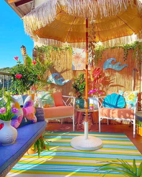 Porch Oasis, Deck Paint Colors, Tiki Umbrella, Bohemian Patio, Umbrella Decorations, Mermaid Cove, Tropical Backyard, Beachy Room, Outdoor Patio Designs