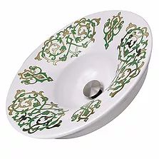 This exquisite sink features hand finished green and genuine 24K gold leaf designs. Shaped much like the blossom of a flower with an graceful sloping outer rim and deeper basin in the center. Almost a full 18 inches in diameter, this single bowl topmount sink is made of durable fireclay. With a brocade pattern, artisanship is celebrated with this beautiful bowl. A real show-stopper and focal point to your bath's vanity. Contemporary Sink, Topmount Sink, Drop In Bathroom Sinks, Semi Recessed Sink, Elegant Bath, Brocade Pattern, Fireclay Sink, Vessel Bathroom Sink, Plumbing Bathroom