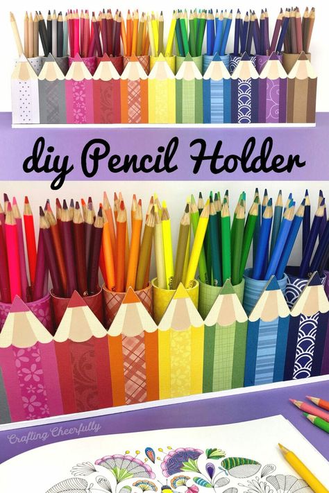 Create a fun and unique DIY pencil holder for your desk or craft area! This desk organizer uses scrapbook paper, chipboard and recycled cardboard tubes. Grab the SVG cut file or PDF pattern to get started. How To Make A Pencil Holder, Pen Storage Diy, Pencil Holder Diy, Crayon Storage, Colored Pencil Holder, Room Organizers, Diy Pencil Holder, Glue Craft, Rainbow Classroom