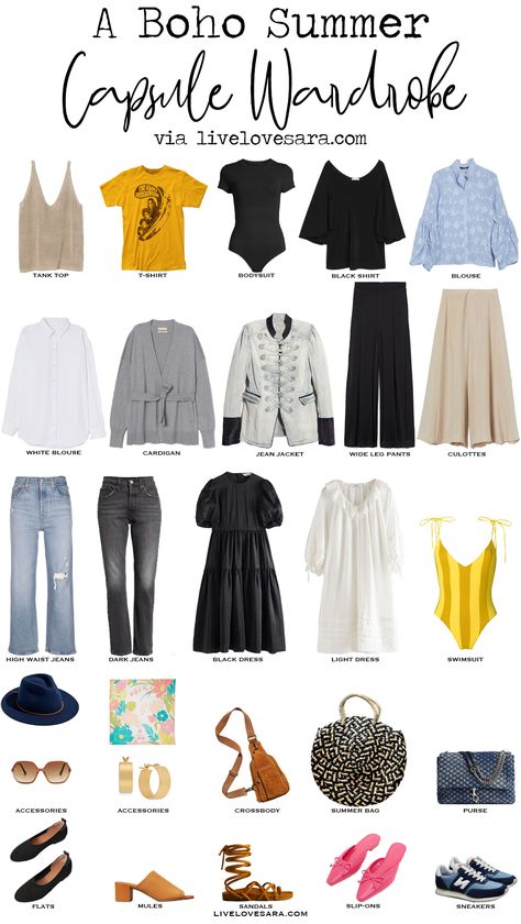 Boho Capsule Wardrobe Knit Tank | Band Tee | Black Bodysuit | Black Shirt | Blue Blouse | White Blouse | Cardigan | Jean Jacket | Black Wide Leg Pants | Beige Culottes | High Retro Capsule Wardrobe, Wardrobe Shoes, Boho Wardrobe, Travel Capsule Wardrobe, Boho Outfit, Travel Capsule, Spring Capsule, Summer Capsule, Spring Capsule Wardrobe