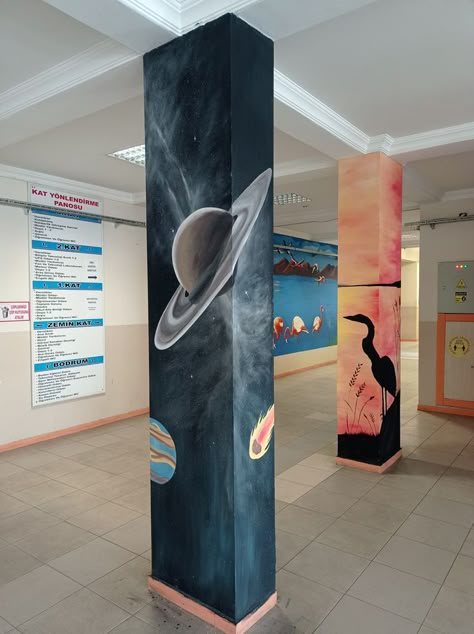 Pillar Mural Art, Pillar Painting Ideas, Ophelia Painting, School Wall Art Ideas, 3d Art Painting, Creative Wall Painting, Pillar Design, Ceiling Murals, School Wall Art