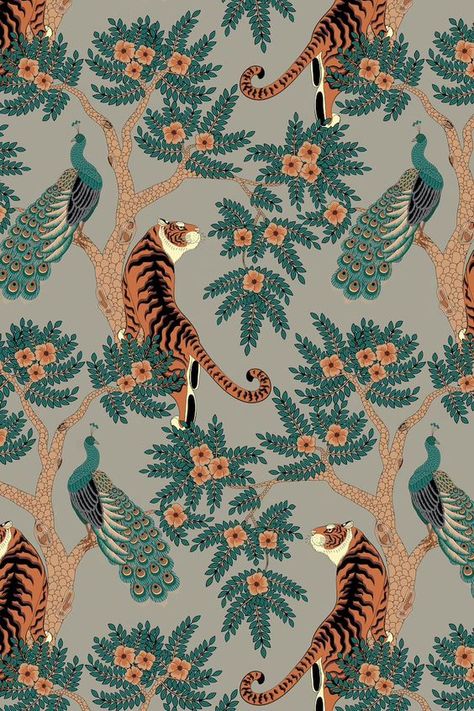 Tiger and Peacock in Woods on Gray Background Wall Decor Peel and Stick Removable Wallpaper 3147 - Etsy Paper patterns #paperpatterns Paper patterns printable #paperpatternsprintable Paper patterns templates #paperpatternstemplates Paper patterns design 4.507 Tiger Pattern Wallpaper, Tiger And Peacock, Tigers Wallpaper, Body Background, California Wallpaper, Cork Wallpaper, Peacock Wallpaper, Folk Illustration, Washable Wallpaper