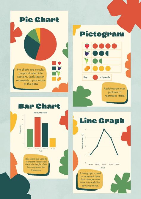 Poster set, math, maths, handling data, pie charts, line graphs, bar charts, pictogram, school, education, primary school, high school Data Graphic Design Inspiration, Types Of Charts And Graphs, Pie Chart Aesthetic, Pie Chart Design Ideas, Bar Chart Ideas, Aesthetic Chart Ideas, Graph Design Chart, Pie Graph Design, Chart Design For School Project