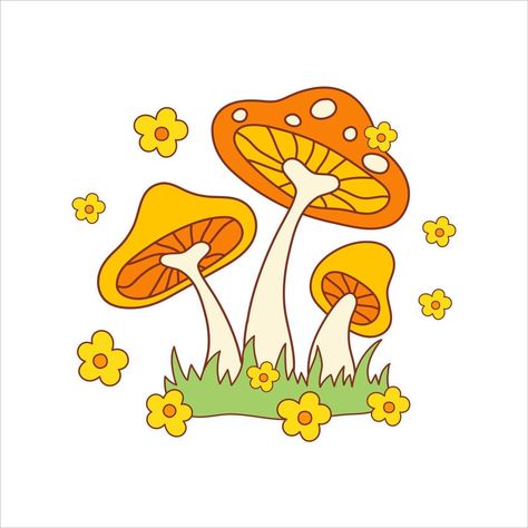 Retro psychedelic hippie mushrooms with groovy flowers isolated on a white background. Vector illustration in style 70s, 80s Retro Illustrations, Psychadelic Mushroom, Clay Brooch, Groovy Flowers, Mushroom Drawing, Desk Decorations, Hippie Flowers, Mushroom Art, Cute Patterns Wallpaper