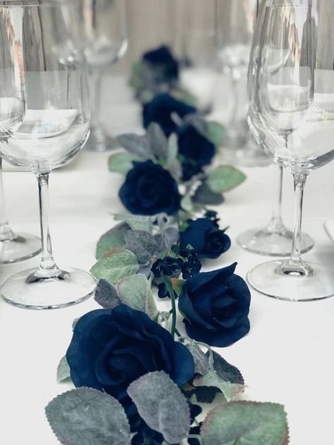 Navy Blue Flower Garland With Silver Sage Leaves Rose Wedding Garland Wedding Arch Garland Decor Artificial Flowers & Greenery Garland - Etsy Dark Blue Decorations Party, Lilly Arrangements, Midnight Blue Wedding Theme, Navy Blue And Silver Wedding, Crow Wedding, Wedding Arch Garland, Rose Garland Wedding, Navy Wedding Theme, Midnight Blue Wedding