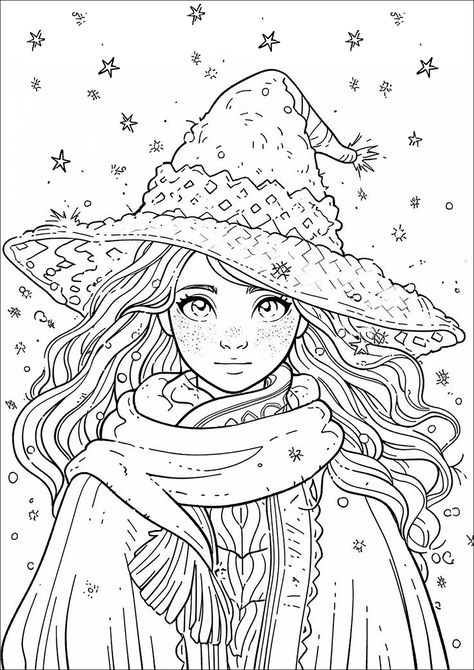 Young witch with a big hat - JustColor.net : Free printable coloring pages for adults and kids Chucky Coloring Pages, Halloween Coloring Pages For Adults, Printable Coloring Pages For Adults, Pop Art Tattoos, Zen Doodles, Witch Coloring Pages, Coloring Designs, Cartoon Coloring, Adult Coloring Designs