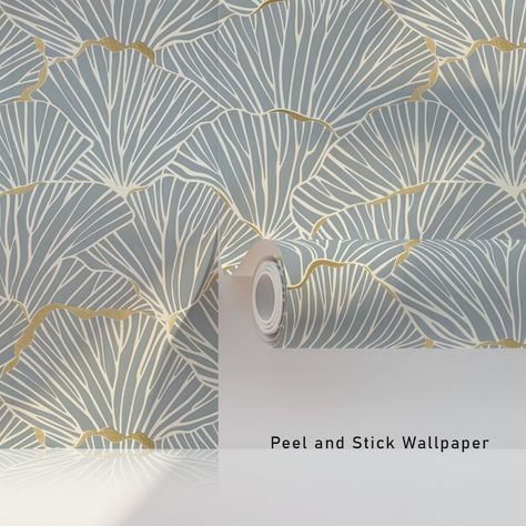 Elegant Art Deco Shell Blockprint Peel & Stick Wallpaper Blue And Gold Peel And Stick Wallpaper, Waynes Coating With Wallpaper Above, Built Ins With Wallpaper Backing, Office Wallpaper Accent Wall, Bathroom With Wallpaper Accent Wall, Wallpaper Feature Walls, Blue Print Wallpaper, Bathroom Wallpaper Blue, Wallpaper Small Bathroom