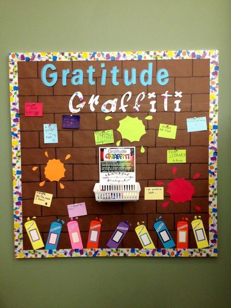 This gratitude graffiti board can be used in November or anytime you want to see students to more more thankful. Great for elementary students, but even middle or high school students. #BulletinBoard #NovemberBulletinBoard #Gratitude Gratitude Graffiti, Staff Bulletin Boards, November Bulletin Boards, Work Bulletin Boards, Interactive Bulletin Boards, Gratitude Board, Teaching Character, Morale Boosters, Gratitude Activities