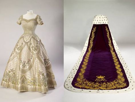 Queen Elizabeth II coronation dress and cape Queen Outfits Royal, Royal Cloak, Coronation Gown, Coronation Robes, Royal Gowns, Queen's Coronation, Norman Hartnell, Historical Gowns, Coronation Dress