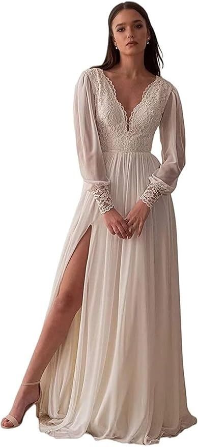 Long Sleeves Wedding Dresses for Bride 2024 Split Lace Appliques A-Line Bridal Ball Gown with Train for Women 2024 Ivory 2 at Amazon Women’s Clothing store Bride 2024, Dresses For Bride, Chiffon Wedding Gowns, Sweep Train Wedding Dress, Lace Applique Wedding Dress, Satin Wedding Gown, Bridal Ball Gown, Lace Beach Wedding Dress, V Neck Wedding Dress