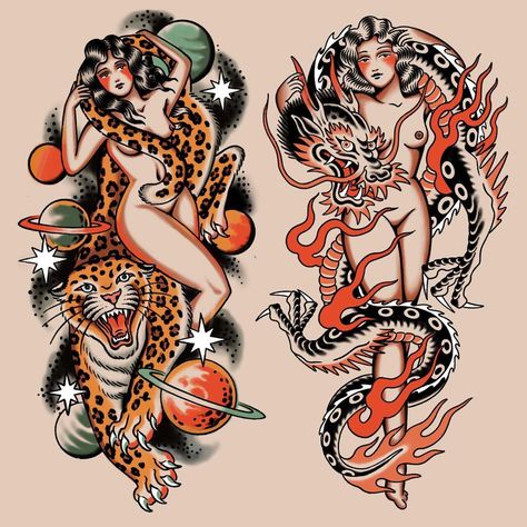 Traditional Thigh Tattoo, Traditional Tattoo Woman, Traditional Tattoo Drawings, Backpiece Tattoo, Traditional Tattoo Flash Art, Traditional Tattoo Inspiration, Traditional Style Tattoo, Old School Tattoo Designs, Traditional Tattoo Design