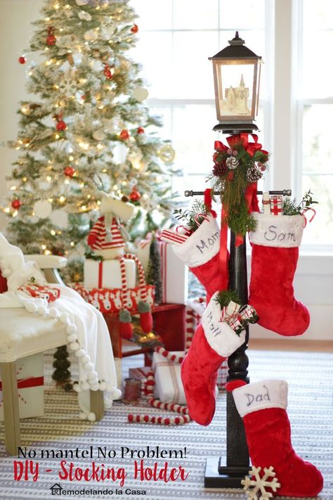 No mantel No Problem! DIY - Stocking Holder - Faux Gas Lantern Christmas Living Room Decorations, Diy Stocking Holder, Room Decorations Ideas, Christmas Decorations Ideas, Living Room Decorations, Diy Stockings, Elegant Christmas Decor, Christmas Living Room, Stocking Holder