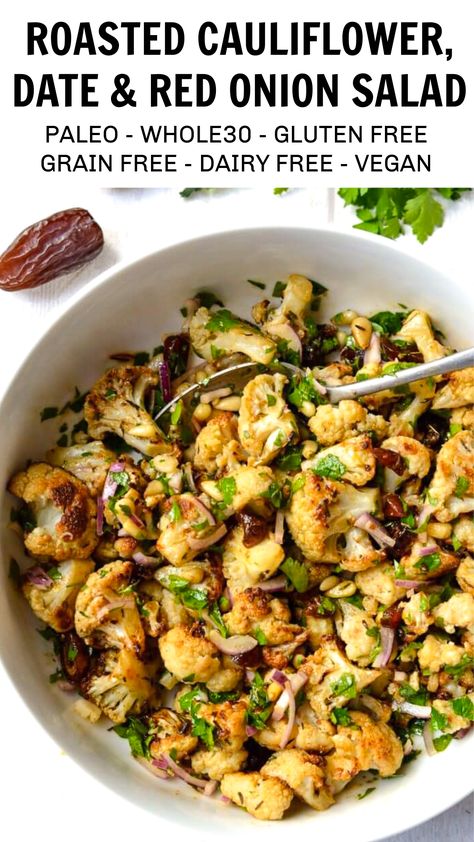 This Roasted Cauliflower and Date salad might sound like a strange combination, but the flavours work incredibly well together. This is a great make ahead salad that you can enjoy as a packed lunch or take to a barbecue or potluck. It takes just 30 minutes to make and is Whole30, Vegan and Paleo! Date Salad, Whole30 Vegan, Roasted Cauliflower Salad, Vegan Potluck, Parsley Salad, Make Ahead Salads, Paleo Salads, Cauliflower Salad, Packed Lunch