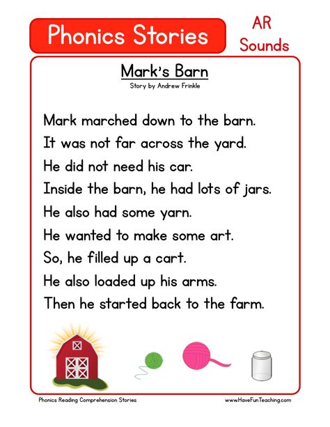 Mark's Barn Phonics Stories, Ingles Kids, Phonics Reading Passages, First Grade Reading Comprehension, Reading Printables, Phonics Readers, Reading Comprehension For Kids, Teaching Reading Comprehension, Preschool Reading