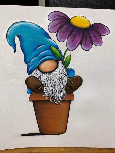 Spring Gnome Drawing, Gnome And Mushroom Painting, Cute Gnome Paintings, Nome Paintings, April Gnomes, Painted Gnomes On Wood Diy, Simple Gnome Painting, Knomes Garden Drawing, Gnomes Painted On Rocks