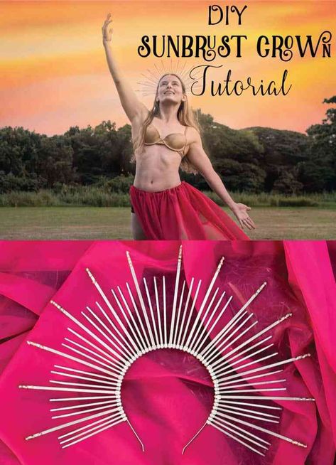 DIY Sunburst Crown Tutorial. This would be perfect fo a saint's halo for a nativity scene or Christmas pageant! Zip Tie Crown, Sunburst Crown, Saint Costume, Headbands Diy, Crown Tutorial, Popular Halloween Costumes, Diy Headbands, Christmas Pageant, Camp Crafts