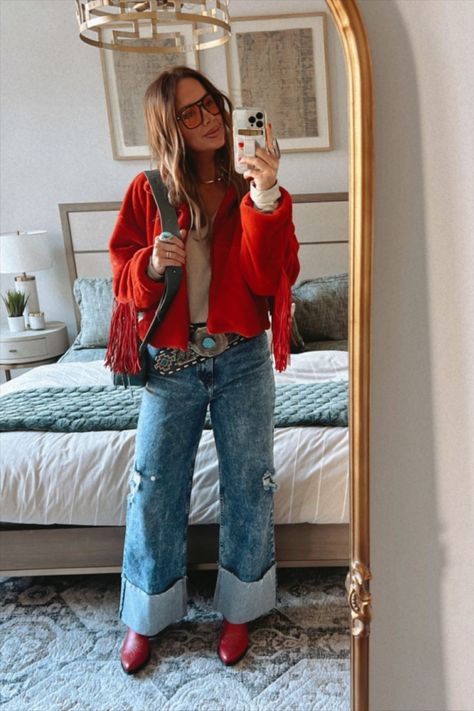 Betsy Ring curated on LTK Nfr Daytime Outfits, Comfortable Western Outfits, Casual Nfr Outfits, Red Rodeo Outfit, Western Layered Outfits, Nfr Fashion Outfits, Red Western Outfit, Winter Rodeo Outfits For Women, Vegas Nfr Outfit Ideas