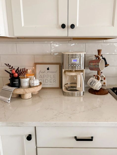 Kitchen Countertop Ideas, Coffee Bar Cart, Coffee Machine Kitchen, Coffee Cabinet, Sarah Joy, Coffee Area, Diy Coffee Bar, Countertop Ideas, House Vibes