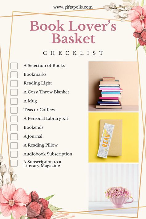 Create the ultimate Book Lover's Basket with our curated checklist! Perfect for gifting or treating yourself to endless hours of reading bliss. From must-have reads to cozy accessories, discover everything you need to escape into the pages of your favorite story. #BookLovers #ReadingNook #GiftIdeas #Giftapolis Reading Gift Basket, Personal Library Kit, Book Lovers Gift Basket, Book Gift Basket, Book Baskets, Birthday Wishes For Myself, Cozy Accessories, Birthday Gift Baskets, Reading Gifts