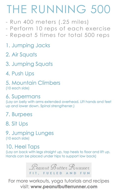 running500workoutYou’ll kick off each of the five rounds with a 400 meter run (that’s 0.25 miles) or about 2 minutes of running if you don’t have a treadmill or a GPS watch handy. The 400 meter run should be performed at a challenging pace to drive your heart rate up before the bodyweight exercises Track Training, Best Body Weight Exercises, Treadmill Workouts, Michelle Lewin, Cardio Training, Track Workout, Strength Workout, I Work Out, Running Workouts