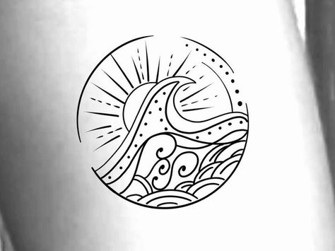 Sun Circle Tattoo, Floral Wave Tattoo, Wave And Star Tattoo, Wave Circle Tattoo, Water Sun Tattoo, Geometric Wave Tattoo, Sun And Water Tattoo, Ocean Wave With Sun Tattoo, Sun Moon Stars And Wave Tattoo