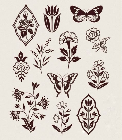 Small Folk Art Tattoo, Art Nouveau Tattoo Flash, Small Ornamental Tattoo Placement, Mexican Tile Art Tattoo, Timeless Tattoo Design, Ornate Flower Tattoo, Small Filler Tattoo Ideas Traditional, Folk Art Style Tattoo, Folk Art Butterfly Tattoo